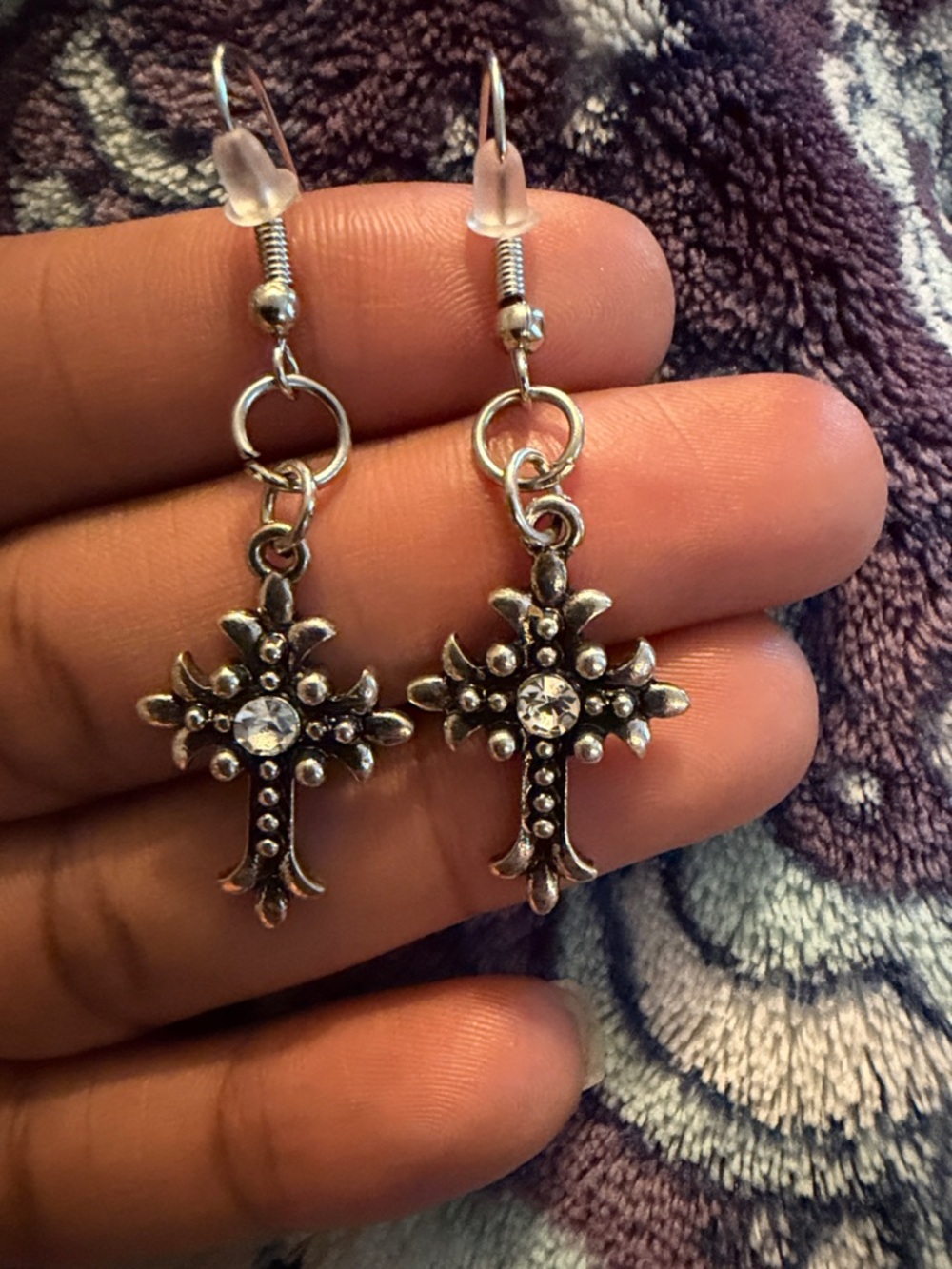 BRAND NEW  Silver-Tone Cross Dangle Earrings with Clear Stones . QUARTER SIZE !